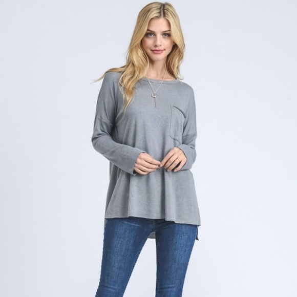 LAST Blue French Terry Long Sleeve Pocket Top - Picture 4 of 8